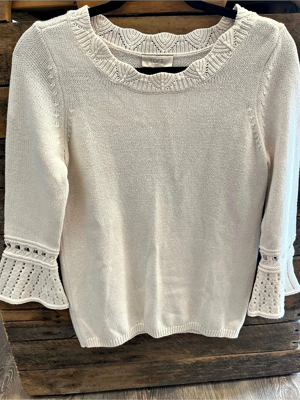Off white sweater with scalloped neckline & bell sleeves